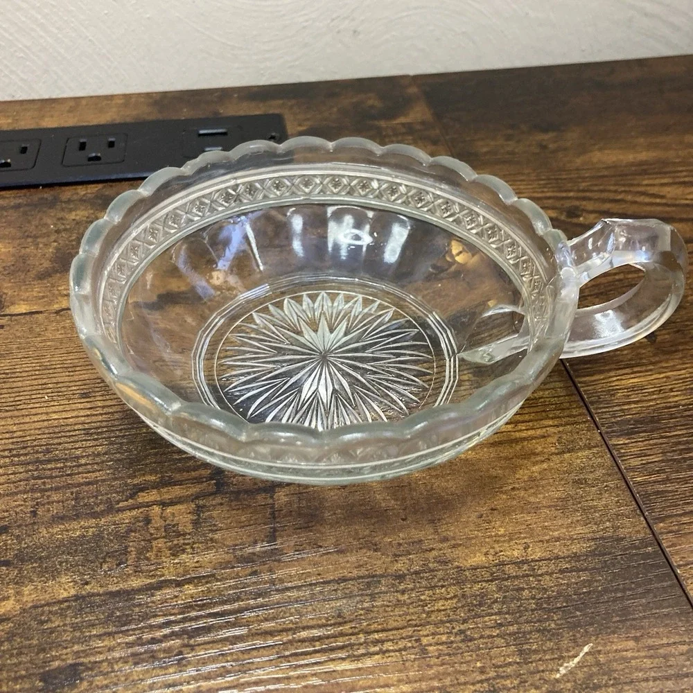 Pressed Glass Clear Handled Candy Dish Starburst Scalloped Rim
